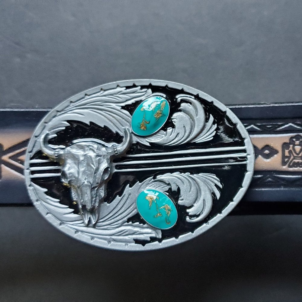 Embossed Steer Head Leather Belt & STEER HEAD High Detail Epoxy/Enamel Buckle